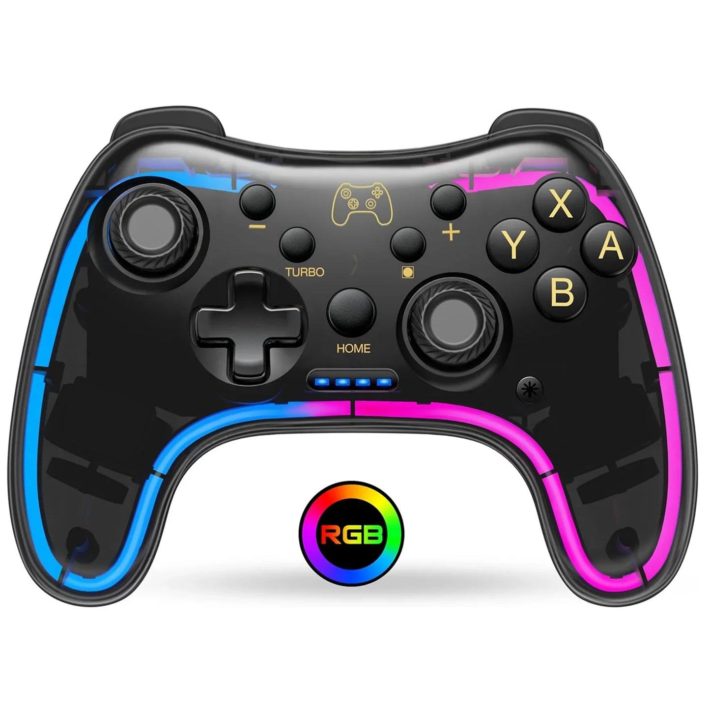 Controller 7039 for Nintendo Switch – Transparent Gamepad with RGB Lights, Turbo, Wake-Up, Multi-Platform & App Support