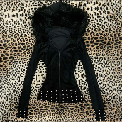 Women’s 2025 Gothic Aesthetic Fur Collar Hoodie Cardigan – Slim Fit Autumn Winter Harajuku Sweatshirt