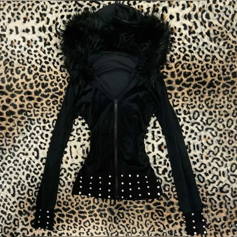 Women's Gothic Fur Collar Hoodie - Y2K Harajuku Slim-Fit Cardigan Sweatshirt for Autumn & Winter