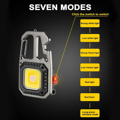 Mini LED Keychain Work Light - Portable Pocket Flashlight USB Rechargeable Camping Lamp with Window Hammer, Bottle Opener