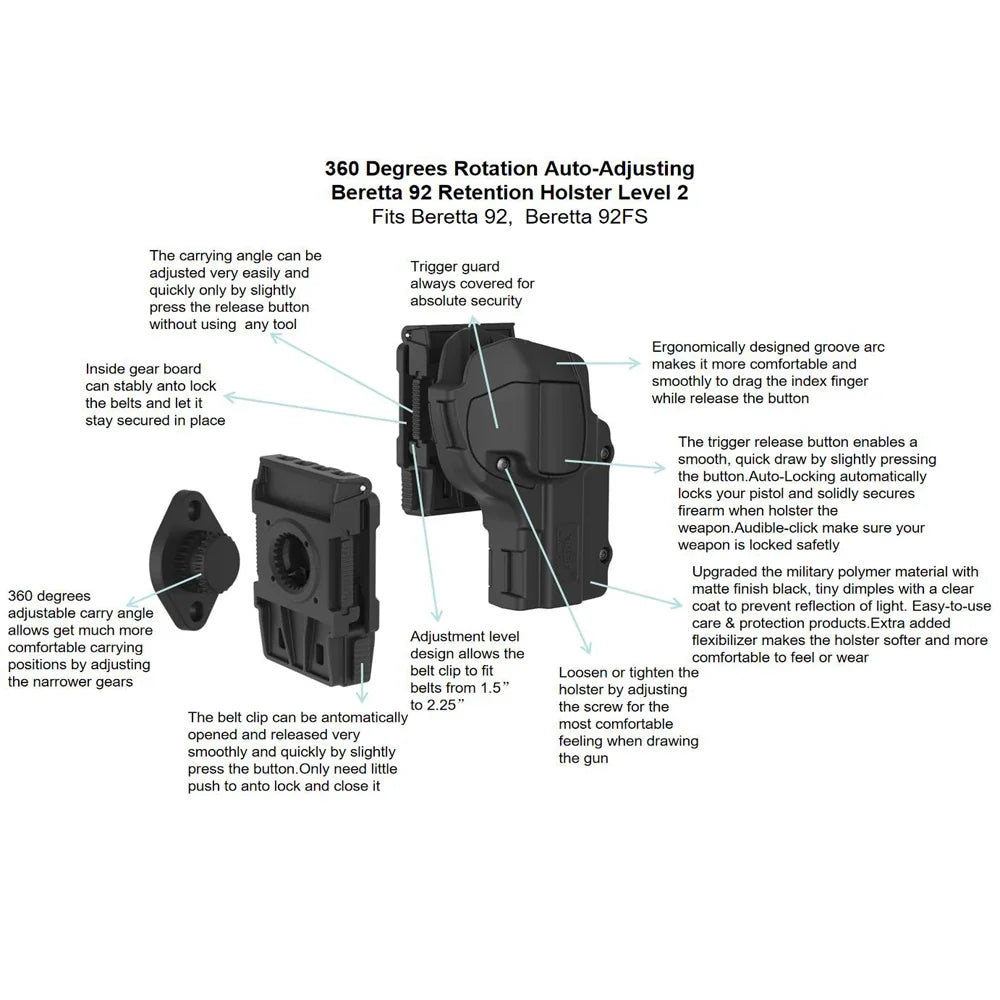 360° Rotating Tactical Holster - Universal Pistol Holder for Sig P320 SP2022 P226 Beretta PX4 Glock 17 19 23