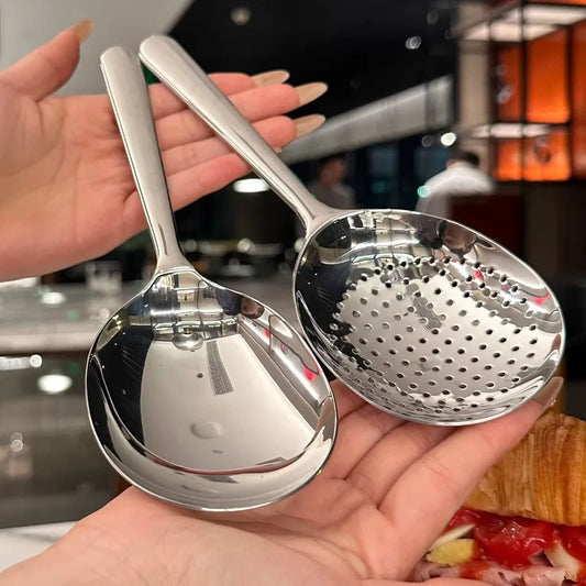 Large Stainless Steel Round Spoon — Big Head Rice Serving Spoon with Drain Holes, Heat-Resistant Kitchen Utensil