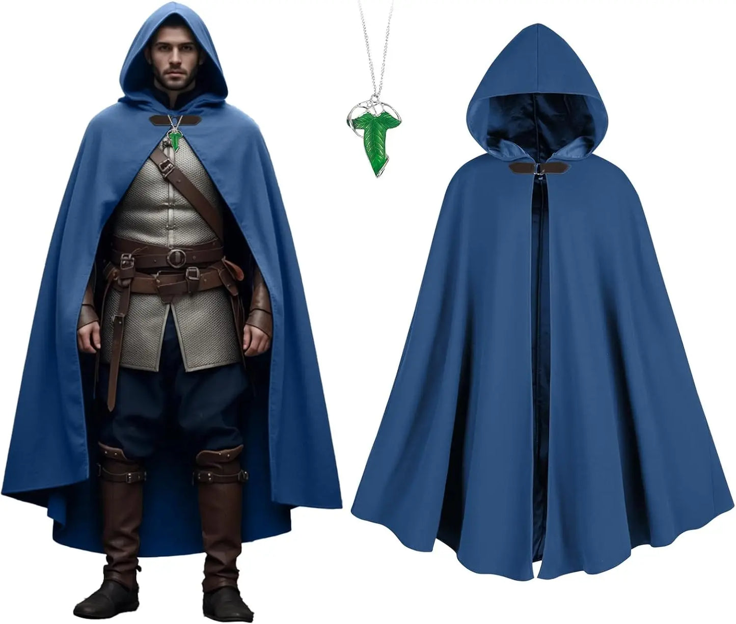 Men’s Medieval Hooded Cloak – Round Metal Buckle with Green Leaf Brooch Necklace for Halloween Costume