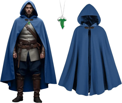 Men’s Medieval Hooded Cloak – Round Metal Buckle with Green Leaf Brooch Necklace for Halloween Costume