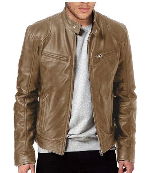 Men’s Slim Fit Motorcycle Leather Jacket – Short Lapel PU Zipper Windproof Coat for Autumn