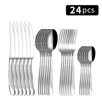 24-Piece Stainless Steel Tableware Set – Star Design Steak Knives, Forks, Dessert Forks, and Spoons for Family Use