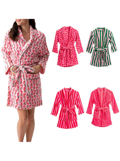 Women’s Winter Plush Robe – Long Sleeve Lapel Tie-Up with Stripe, Heart & Candy Prints Loungewear