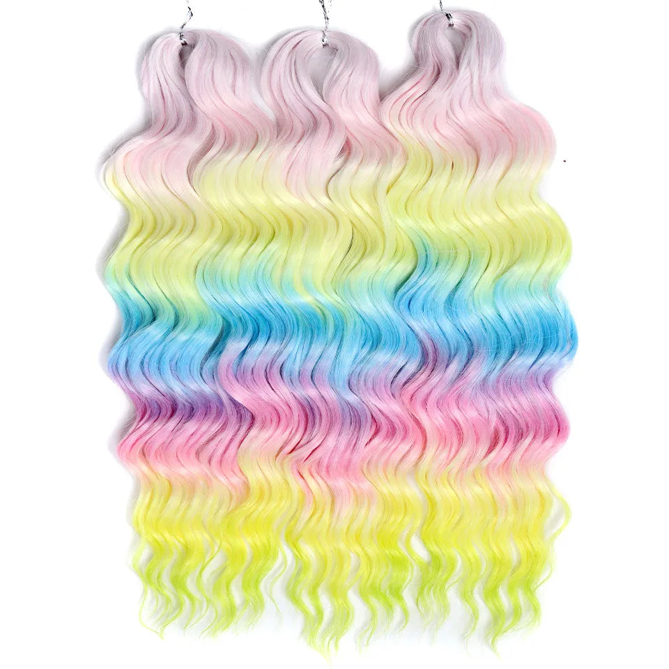 FASHION IDOL 24" Deep Wave Crochet Hair - 3-Piece Synthetic Water Wave Braiding Extensions, Ombre Rainbow Twist Hair