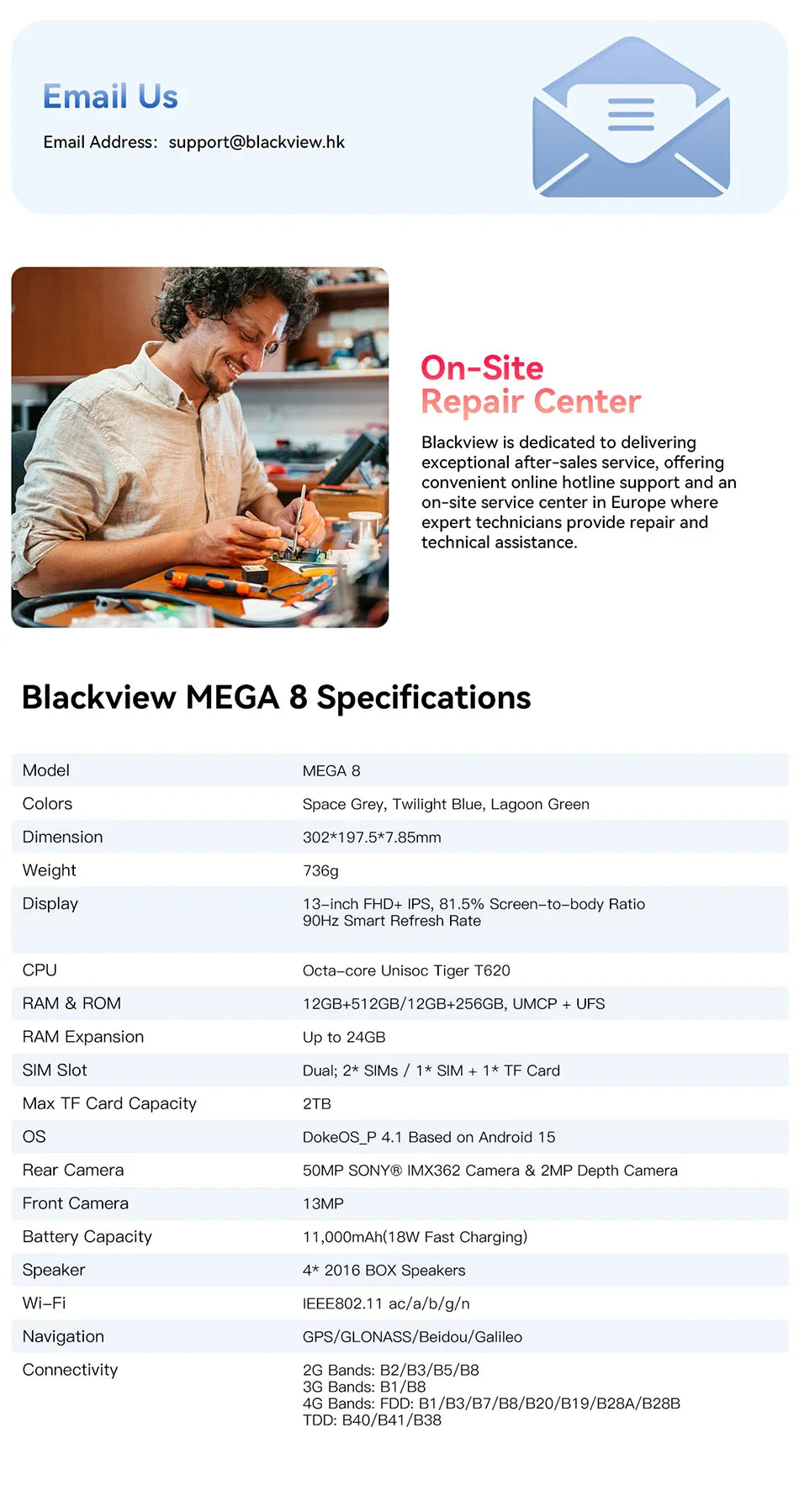 Blackview MEGA 8 Tablet – 13" FHD+ 90Hz Display, 11000mAh, Android 15, 50MP Camera, 4 Speakers, 4G Pad PC