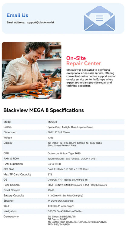 Blackview MEGA 8 Tablet – 13" FHD+ 90Hz Display, 11000mAh, Android 15, 50MP Camera, 4 Speakers, 4G Pad PC