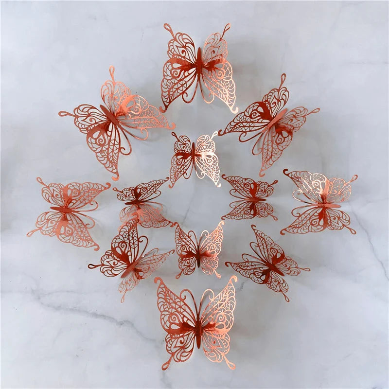 12PCS 3D Hollow Butterfly Wall Stickers – Gold, Silver & Rose Decorative Decals for Wedding, Living Room & Home Decor