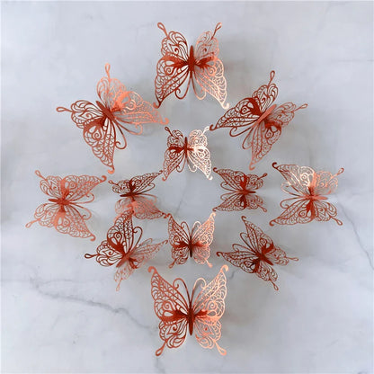 12PCS 3D Hollow Butterfly Wall Stickers – Gold, Silver & Rose Decorative Decals for Wedding, Living Room & Home Decor