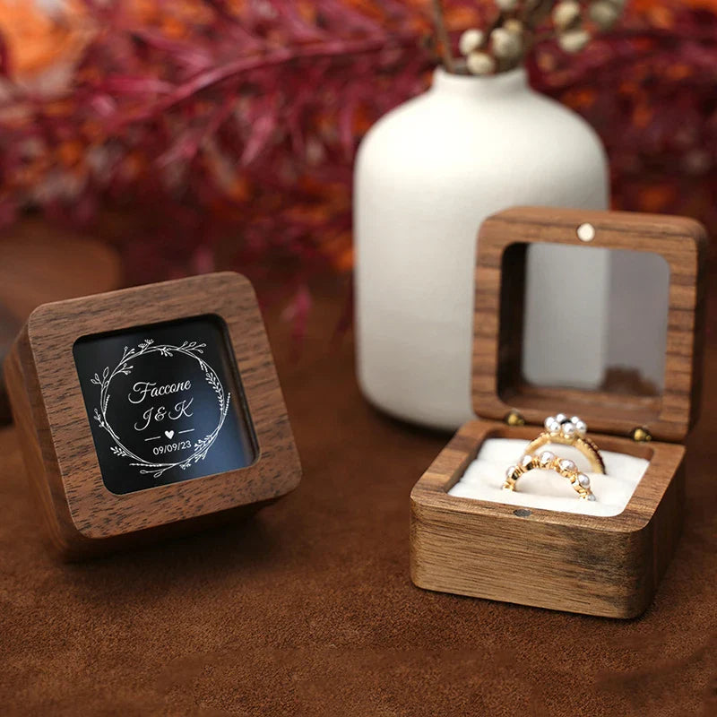 Personalized Walnut Wooden Ring Box - Custom Name Engagement & Wedding Anniversary Gift