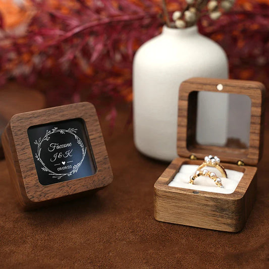 Personalized Walnut Wooden Ring Box - Custom Name Engagement & Wedding Anniversary Gift