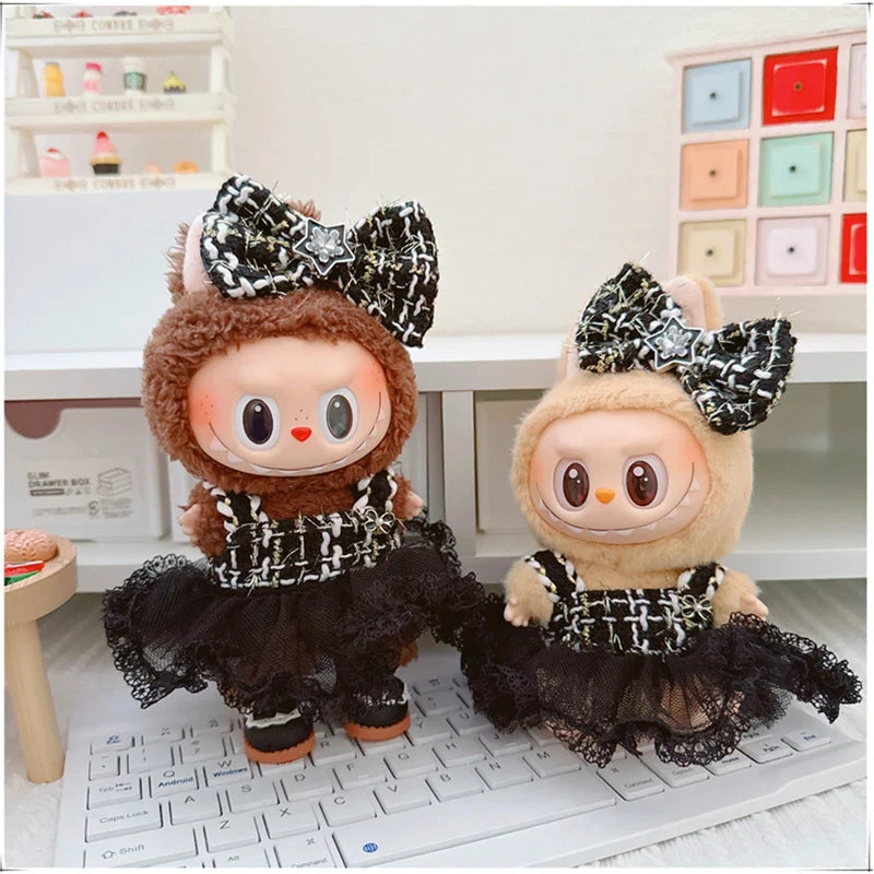 Labubu Doll Accessories — 17cm Luxury Woolen Shawl Suit & Skirt Set with Messenger Bag & Loafers