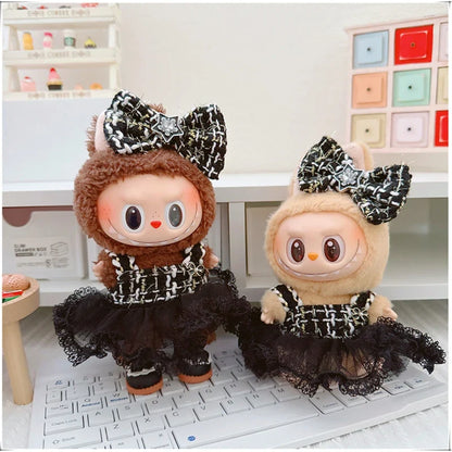 Labubu Doll Accessories — 17cm Luxury Woolen Shawl Suit & Skirt Set with Messenger Bag & Loafers