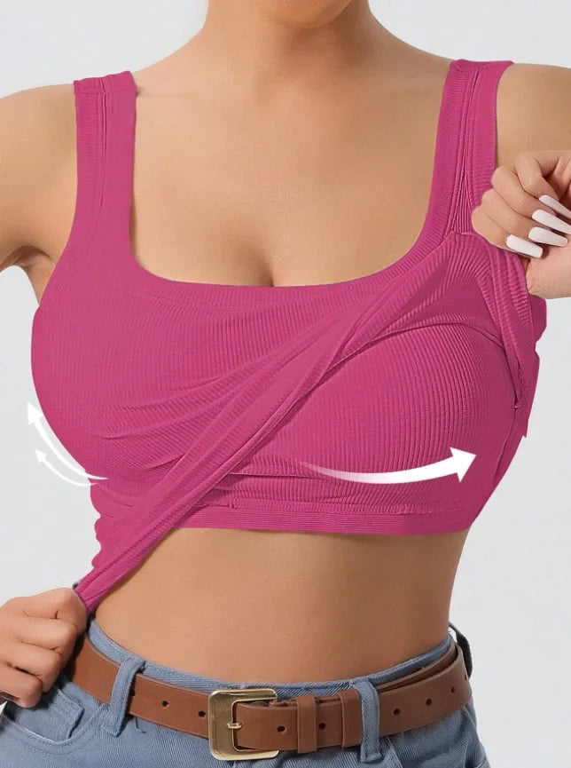 Women's Ribbed One-Piece Tank Top - Built-In Bra Square Neck Slim Fit Summer Bodysuit