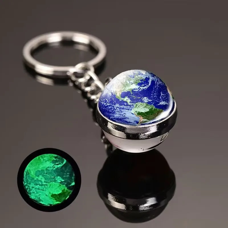Glow in the Dark Solar System Keychain – Luminous Nebula Planet Key Ring with Moon, Earth, Sun, Double-Sided Glass Ball
