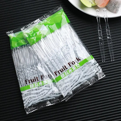 100pcs Disposable Transparent Packaging for Household Plastic Fruit Skewers with Small Forks