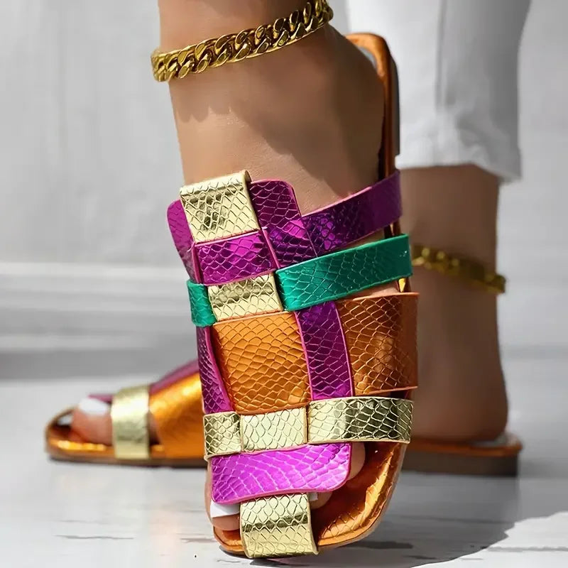 Colorful Square Toe Roman Flat Sandals - Women’s Summer Hollow Vacation Slippers