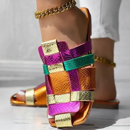 Colorful Square Toe Roman Flat Sandals - Women’s Summer Hollow Vacation Slippers