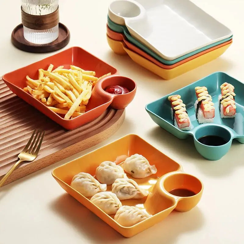 Versatile 2-Grid Snack Dish: French Fries & Dumpling Plate with Ketchup and Vinegar Compartments - Ideal for Dumplings, Desserts, and Spices