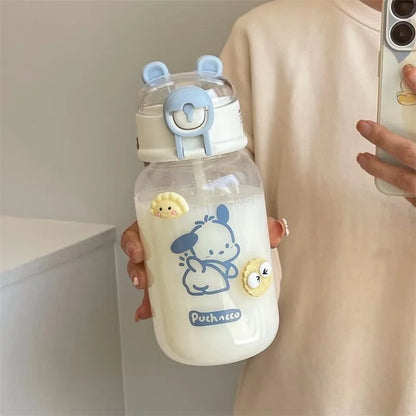 Sanrio Anime Transparent Straw Cup – Hello Kitty & Pochacco 500ML Plastic Water Cup with Handle for Students