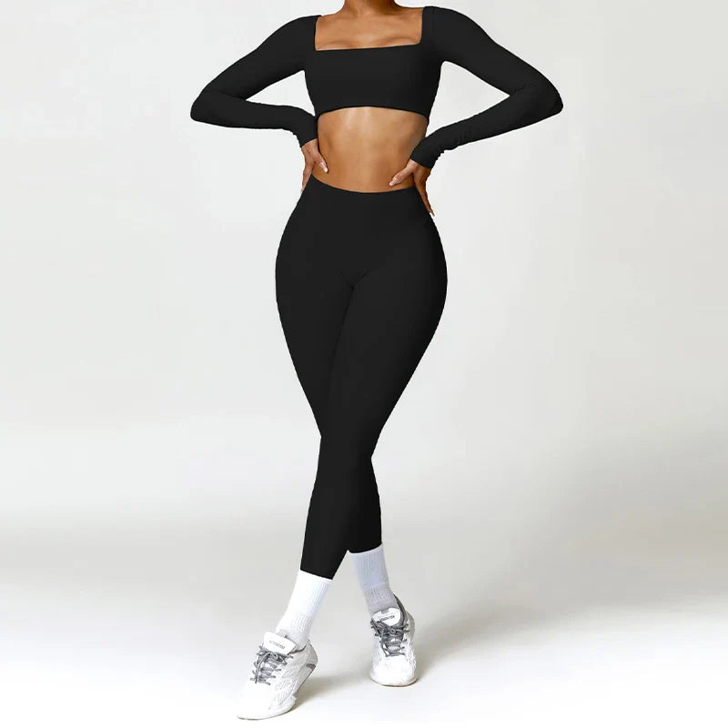 Hearuisavy 2PCS Long Sleeve Gym Set for Women, Quick-Drying Yoga Clothes, Sportswear, Running Leggings, Workout Sports Crop Top
