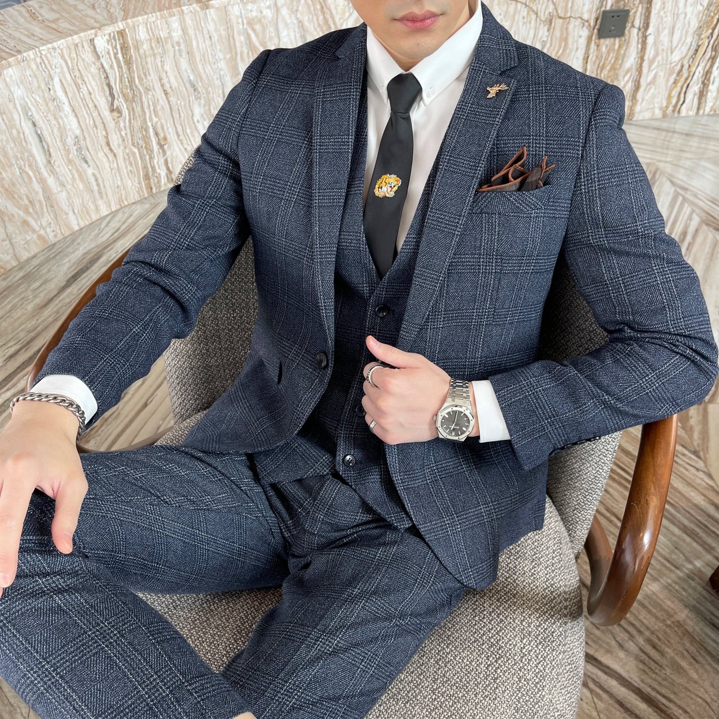 Men’s British Korean Plaid Three-Piece Suit – Stylish Business Casual Set with Blazer, Vest & Trousers