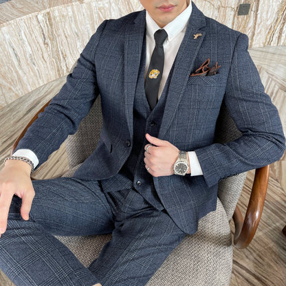 Men’s British Korean Plaid Three-Piece Suit – Stylish Business Casual Set with Blazer, Vest & Trousers