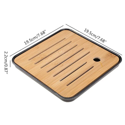 Bamboo Chinese Gongfu Tea Tray – Wood & Marble Serving Tray with Water Storage and Drainage Box