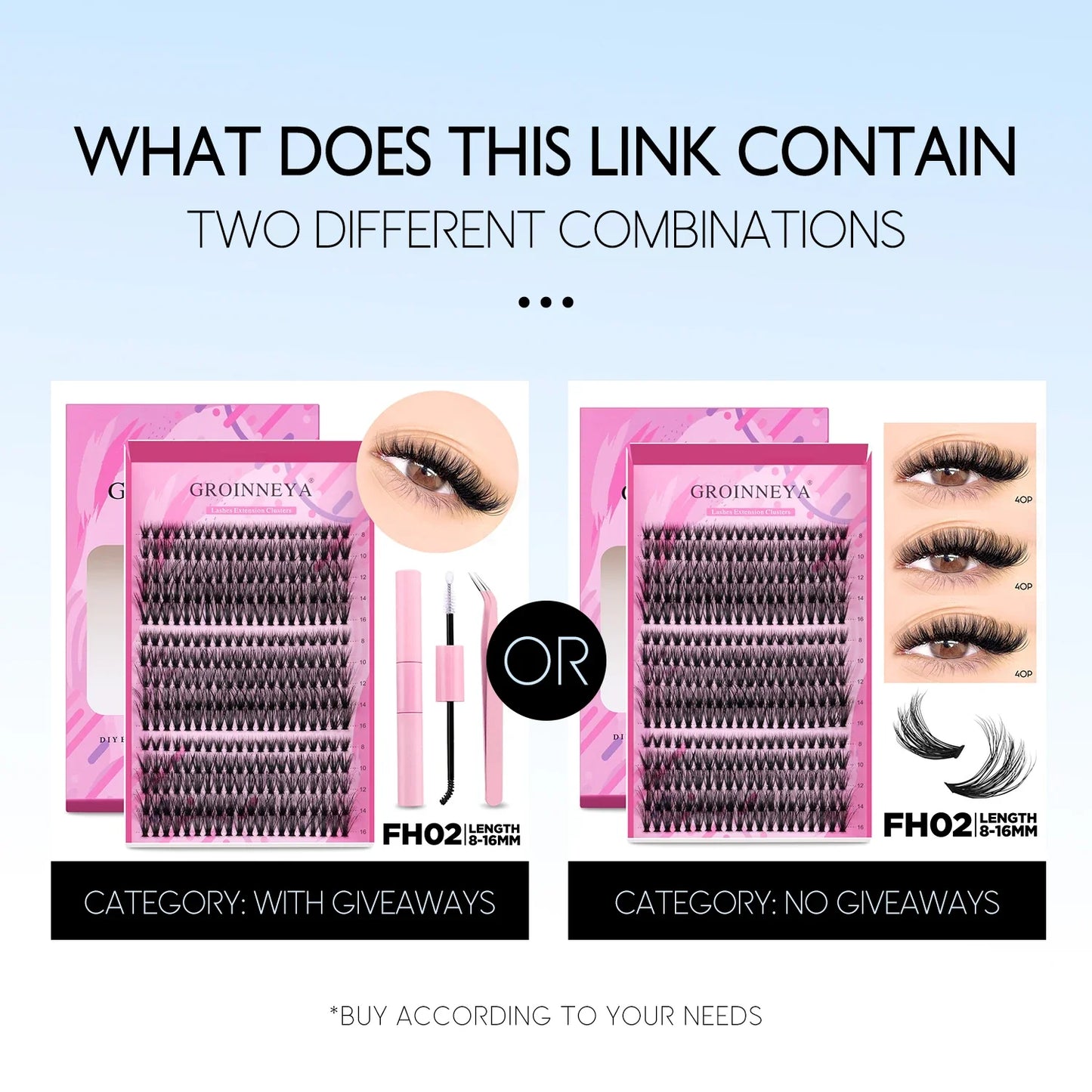GROINNEYA DIY Lash Extension Kit – Cluster & Individual Lashes Set with Lash Bond & Seal for At-Home Eyelash Extension Makeup