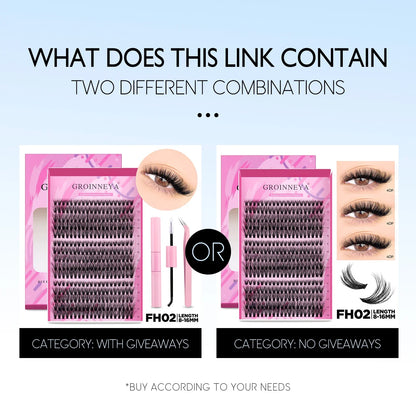 GROINNEYA DIY Lash Extension Kit – Cluster & Individual Lashes Set with Lash Bond & Seal for At-Home Eyelash Extension Makeup
