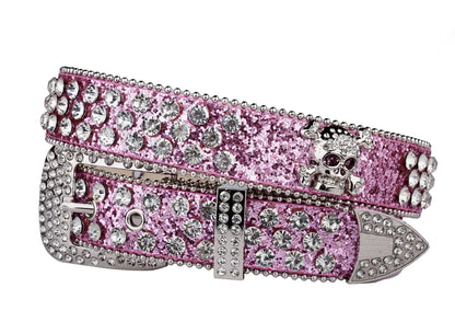Rhinestone Skull Western Cowgirl Belt for Women & Girls – Studded PU Leather Country Style