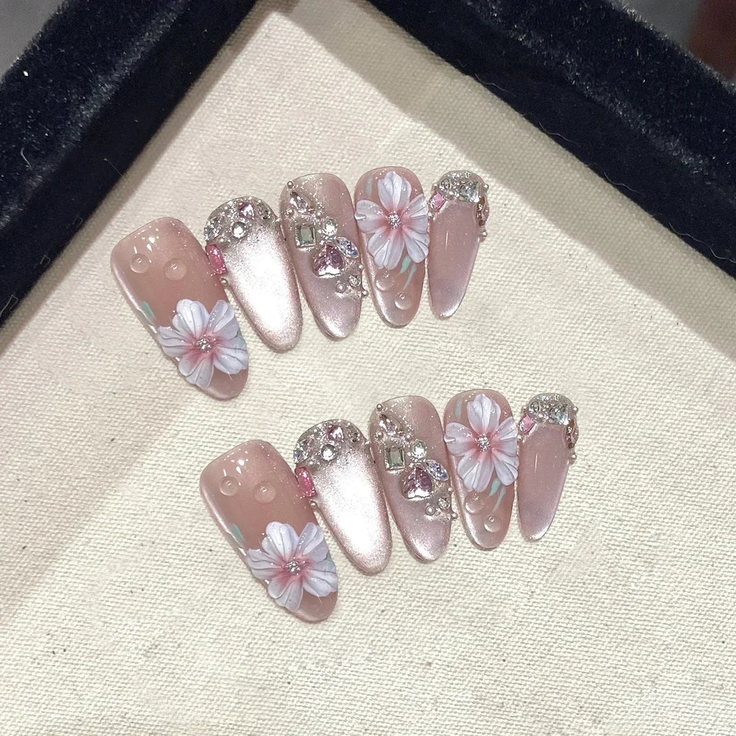 10Pcs Handmade Press-On Nails – Cute Flower & Butterfly Design with Glossy Diamond Full Cover Acrylic Tips