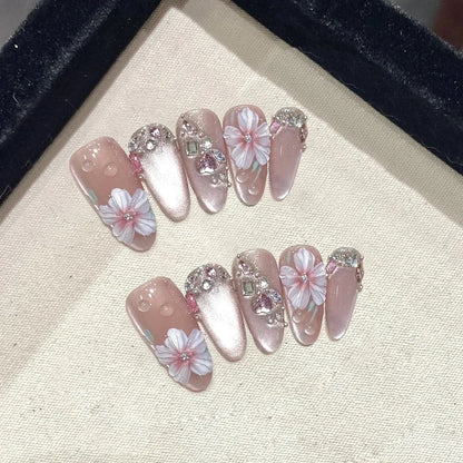10Pcs Handmade Press-On Nails – Cute Flower & Butterfly Design with Glossy Diamond Full Cover Acrylic Tips