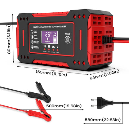 6A 12V Intelligent Car Battery Charger - Lead-Acid Charging Unit for Car and Motorcycle, LCD Display, Battery Repair