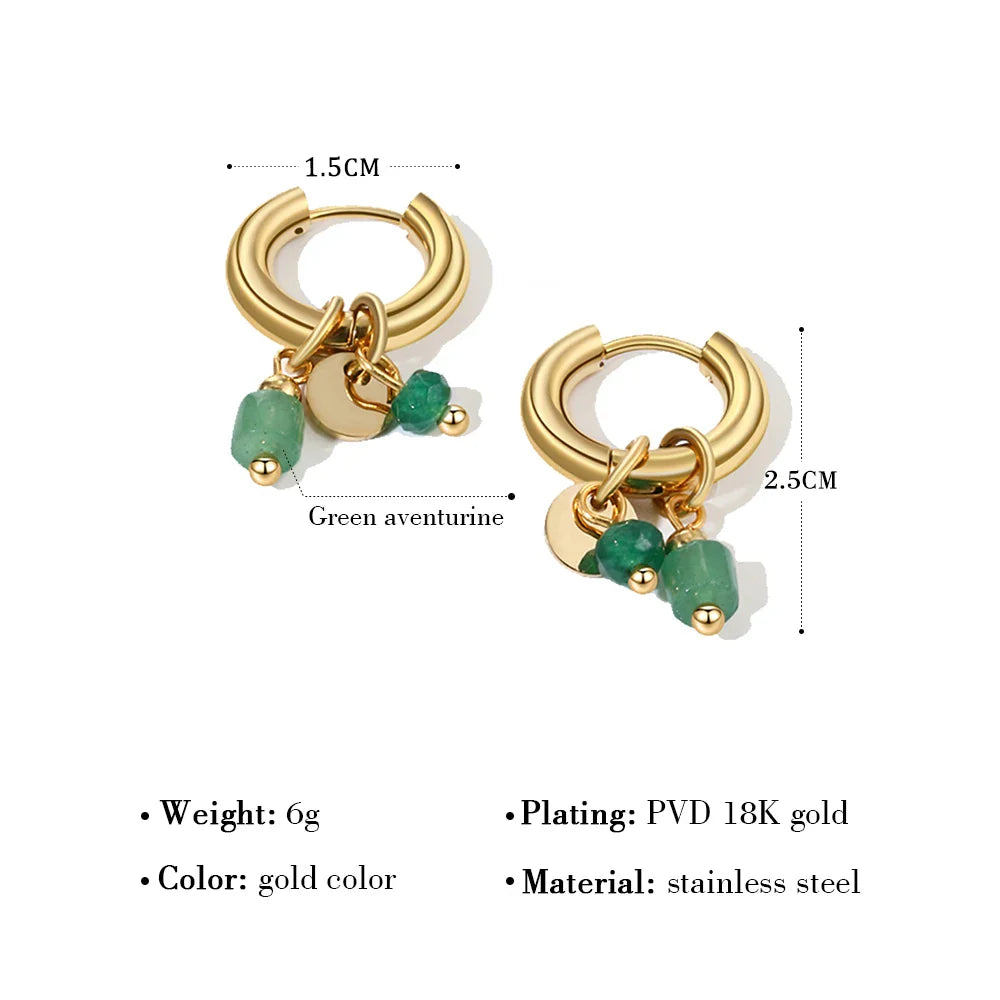 YACHAN 18K Gold-Plated Stainless Steel Hoop Earrings — Vintage Green Stone Charms, Trendy Waterproof Jewelry for Women