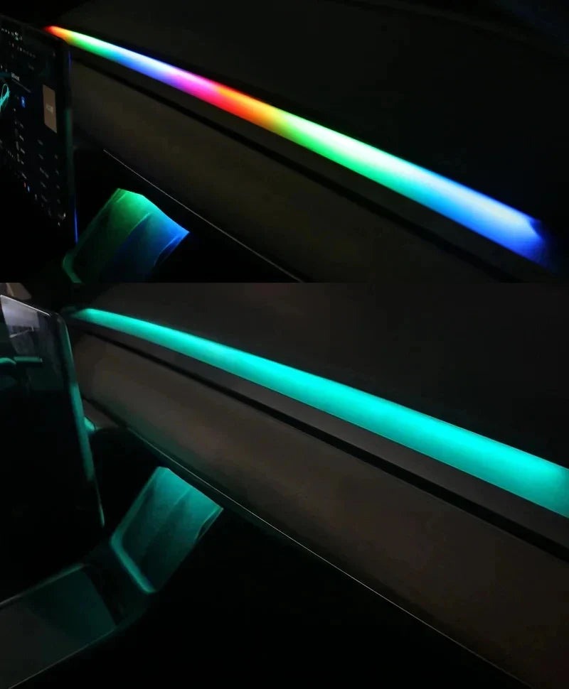 2-in-1 Dynamic Neon RGB Car LED Ambient Lighting – Auto OFF 60s Module for Tesla Model 3 & Y Dashboard Decoration