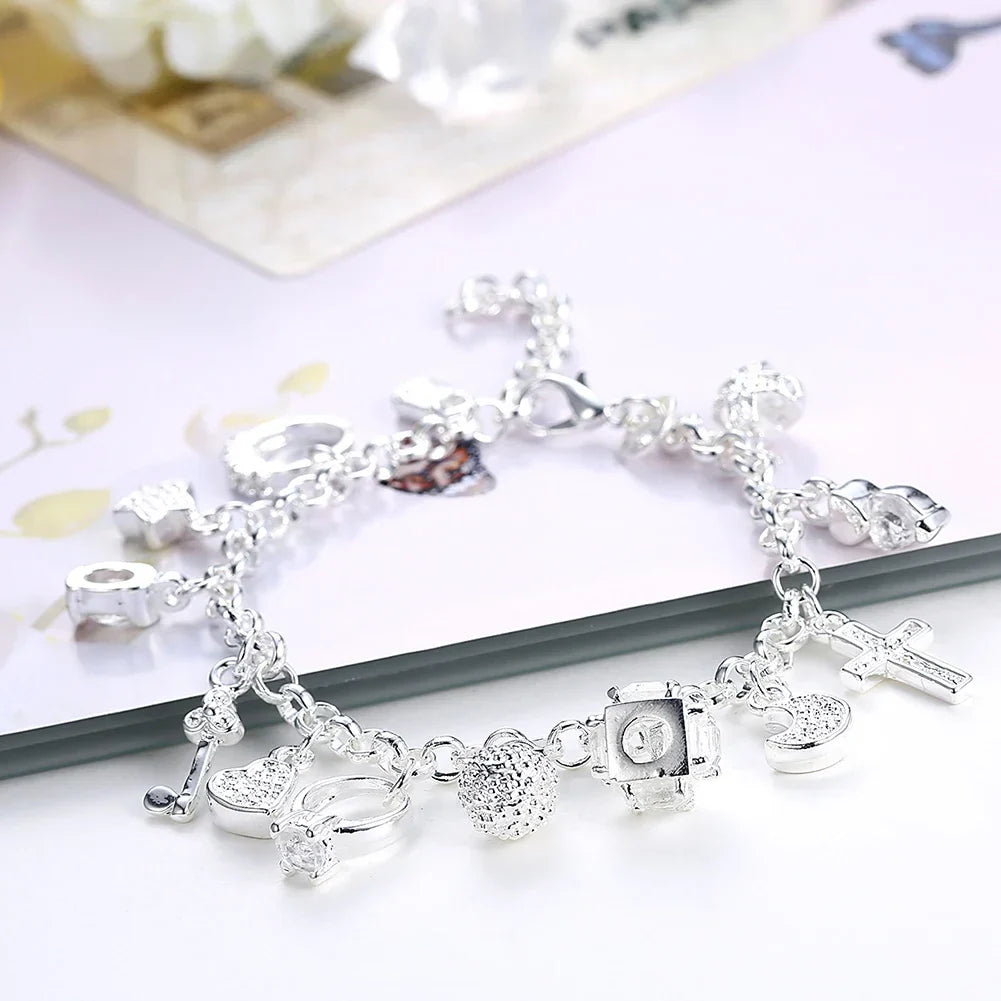 Fashion 925 Sterling Silver Bracelet for Women — Pretty Heart Zircon Pendant Chain, 20CM/8inch, Classic Wedding & Party Jewelry Gift