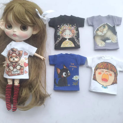Handmade OB24 1/6 Blyth Doll Clothes – Cartoon T-Shirt with Striped Socks for 1/6 Doll Accessories