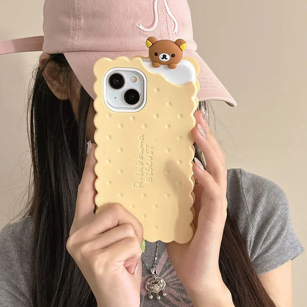 Sandwich Biscuit Tide Bear Silicone Phone Case for iPhone 16 15 14 13 12 11 Pro Max Shockproof Soft Cover