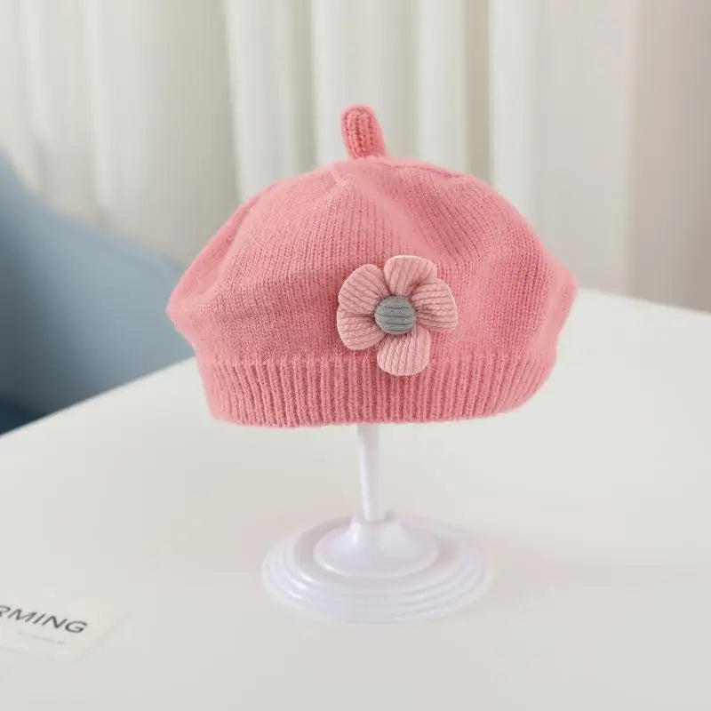 Flower Baby Beret Hat - Warm Knitted Winter Beanie Cap for Infant Girls & Toddlers