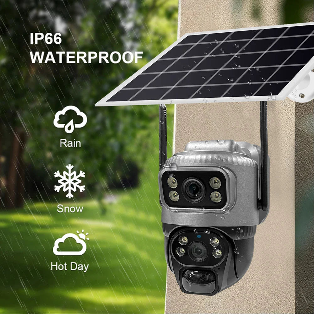 V380 Dual-Lens 4G Security Camera — 8MP 4K Solar IP Cam with PIR Motion Detection, Night Vision, Waterproof, Battery-Powered CCTV Monitor