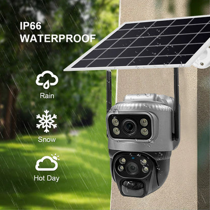 V380 Dual-Lens 4G Security Camera — 8MP 4K Solar IP Cam with PIR Motion Detection, Night Vision, Waterproof, Battery-Powered CCTV Monitor