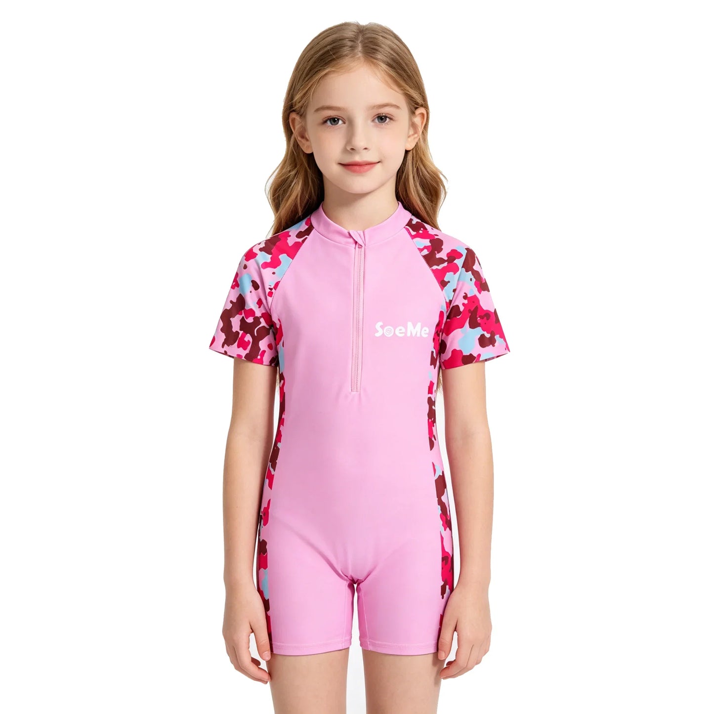 Girls' Pink One-Piece Swimsuit - Cute Short-Sleeve Kids Beach Swimwear for Ages 3–10