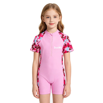 Girls' Pink One-Piece Swimsuit - Cute Short-Sleeve Kids Beach Swimwear for Ages 3–10