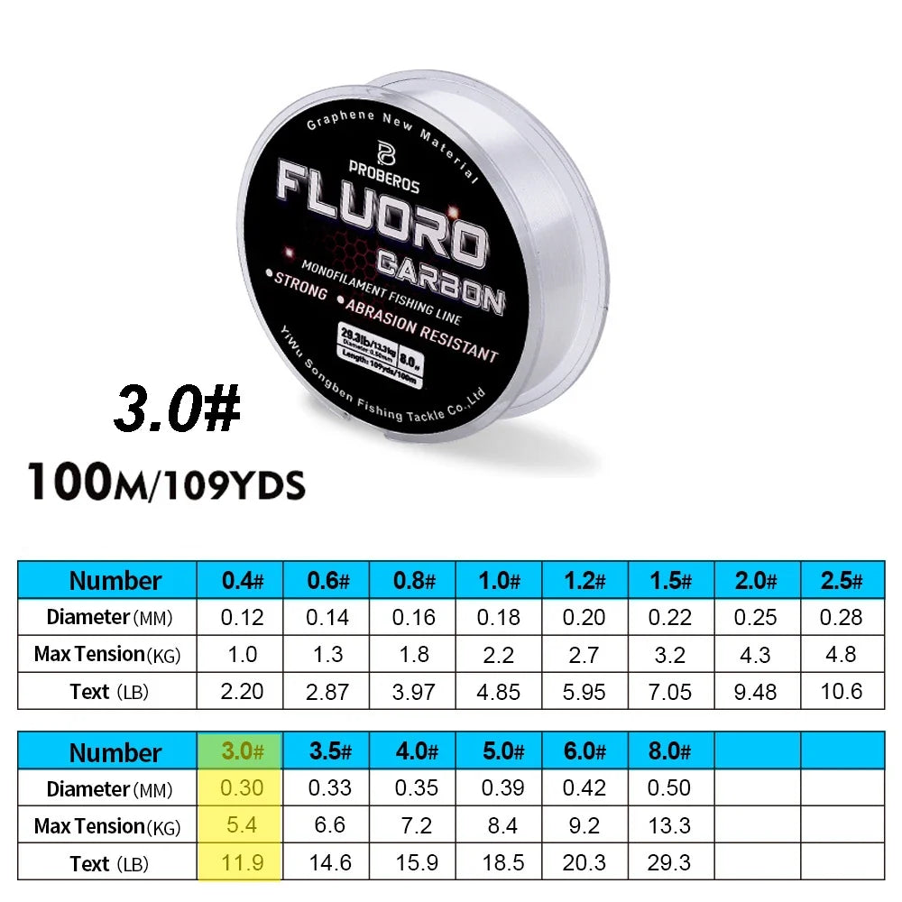PROBEROS 100M Fluorocarbon Fishing Line - Carbon Fiber Monofilament Leader Line for Carp & Sinking Fishing Tackle