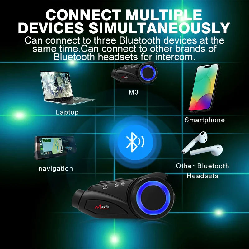 MAXTO M3 Motorcycle Helmet Bluetooth Headset — 1080P WiFi Video Recorder, Waterproof Intercom for 6 Riders, 1000m Range