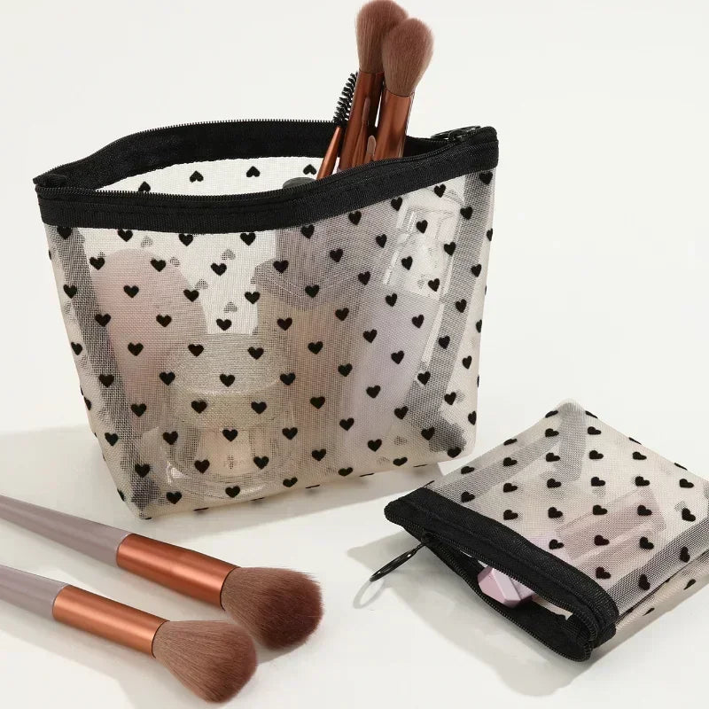 Nylon Mesh Heart-Shaped Cosmetic Bag — Zipper Toiletry & Makeup Organizer Pouch for Women, Multifunctional Lipstick, Key, and Coin Purse